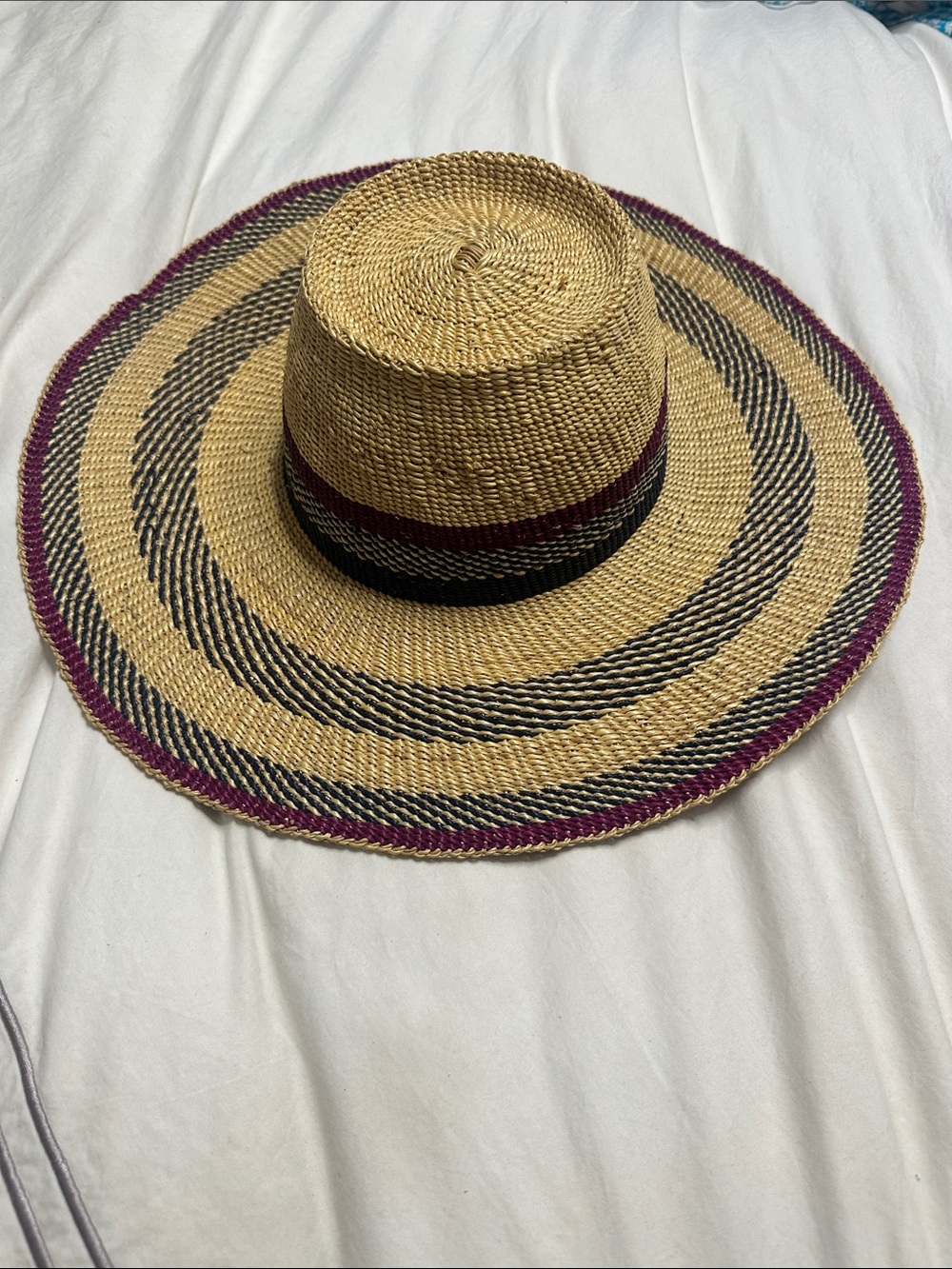 Wide Brim Straw Sun Hat with Black and Plum Accents